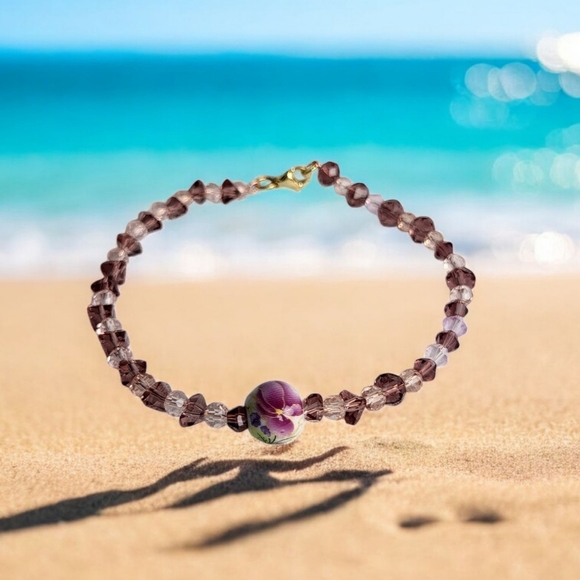 Hand Crafted Jewelry - Vintage Peony Ceramic Wine Glass Faceted Crystal Bracelet